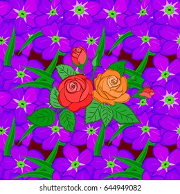 Exquisite pattern of rose flowers and leaves. Beautiful vector pattern for decoration and design. Vintage style trendy print. Watercolor seamless pattern with roses and green leaves on red background.