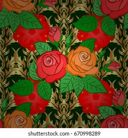 Exquisite pattern with rose flowers and leaves in vintage style. Beautiful pattern for decoration and design. Watercolor seamless pattern with rose and green leaves. Trendy print on a green background