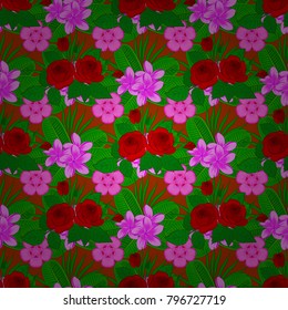 Exquisite pattern of rose flowers and leaves. Cute seamless pattern with roses, green leaves in red, green and pink colors. Beautiful vector pattern for decor and design. Vintage style trendy print.