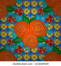 Exquisite pattern with rose flowers in vintage style. Trendy print with rose flowers and green leaves in yellow, orange and blue colors. Beautiful vector seamless pattern for decoration or design.