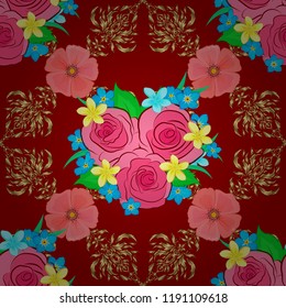 Exquisite pattern with rose flowers in vintage style. Trendy print with watercolor ditsy rose flowers and green leaves on red background. Beautiful vector seamless pattern for decoration and design.