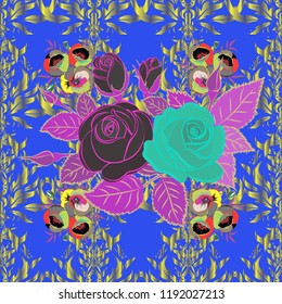 Exquisite pattern with rose flowers in vintage style. Trendy print with rose flowers and leaves in violet, gray and blue colors. Beautiful vector seamless pattern for decoration and design.