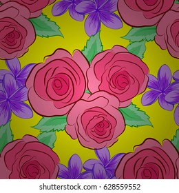 Exquisite pattern with rose flowers in vintage style. Trendy print with ditsy pink rose flowers with green leaves on a yellow background. Beautiful vector seamless pattern for decoration and design.