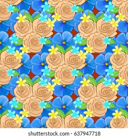 Exquisite pattern with rose flowers in vintage style. Trendy print with watercolor ditsy rose flowers and green leaves on brown background. Beautiful vector seamless pattern for decoration and design.
