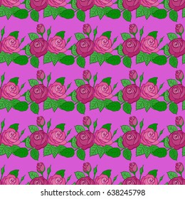 Exquisite pattern with rose flowers in vintage style. Trendy print with watercolor ditsy rose flowers and green leaves on violet background. Beautiful vector seamless pattern for decoration and design
