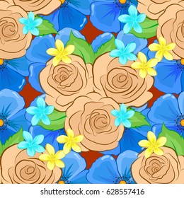 Exquisite pattern of roses and leaves. Watercolor seamless pattern with roses and green leaves on a brown background. Beautiful vector pattern for decoration and design. Vintage style trendy print.