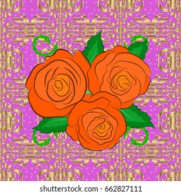 Exquisite pattern of roses and leaves. Watercolor seamless pattern with roses, gold and green leaves on violet backdrop. Beautiful vector pattern for decoration and design. Vintage style trendy print.