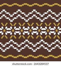 Exquisite Pixel Knit Wear Geometric Inspired Abstract Waves and Florals White Yellow on Brown Background. Delicate Winter Garment Seamless Border Pattern Embroidery Handicraft Warm Autumn Scarf Mosaic