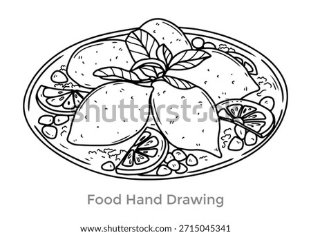 Exquisite Plate Sketch: A delicate hand-drawn illustration showcases a plate of culinary delight, featuring ripe lemons, herbs, and delectable fare, ready to be colored.