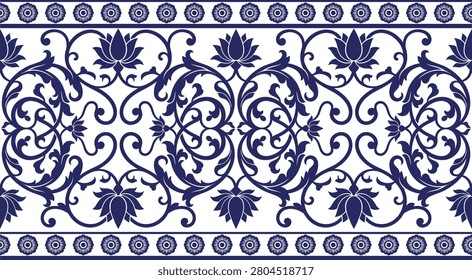 Exquisite porcelain style decoration featuring symmetrical lotus blooms and intricate vine scrolls set against transparent background for design projects.