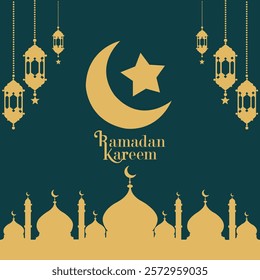 An exquisite Ramadan Kareem greeting card featuring a golden crescent moon, star, and hanging lanterns on a gradient blue background. The design is complemented by mosque silhouettes at the bottom, 