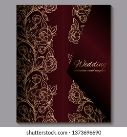 Exquisite red royal luxury wedding invitation, gold floral background with frame and place for text, lacy foliage made of roses or peonies with golden shiny gradient