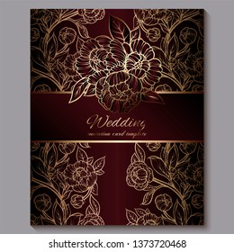 Exquisite red royal luxury wedding invitation, gold floral background with frame and place for text, lacy foliage made of roses or peonies with golden shiny gradient