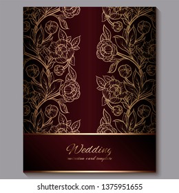 Exquisite red royal luxury wedding invitation, gold floral background with frame and place for text, lacy foliage made of roses or peonies with golden shiny gradient