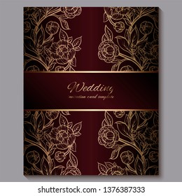 Exquisite red royal luxury wedding invitation, gold floral background with frame and place for text, lacy foliage made of roses or peonies with golden shiny gradient
