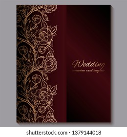 Exquisite red royal luxury wedding invitation, gold floral background with frame and place for text, lacy foliage made of roses or peonies with golden shiny gradient