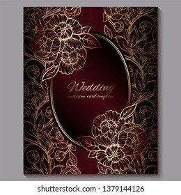 Exquisite red royal luxury wedding invitation, gold floral background with frame and place for text, lacy foliage made of roses or peonies with golden shiny gradient