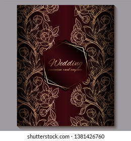 Exquisite red royal luxury wedding invitation, gold floral background with frame and place for text, lacy foliage made of roses or peonies with golden shiny gradient