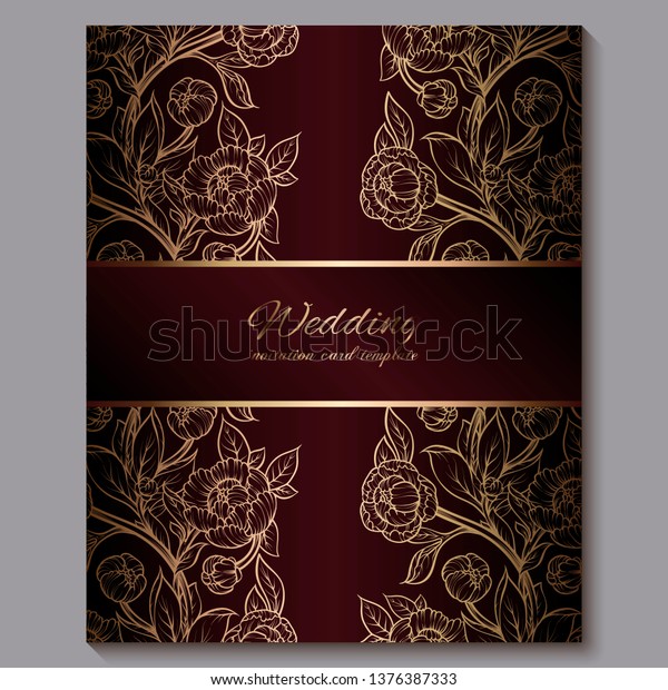 Exquisite red royal luxury
wedding invitation, gold floral background with frame and place for
text, lacy foliage made of roses or peonies with golden shiny
gradient