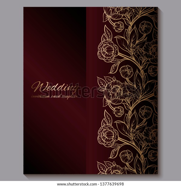 Exquisite red royal luxury\
wedding invitation, gold floral background with frame and place for\
text, lacy foliage made of roses or peonies with golden shiny\
gradient