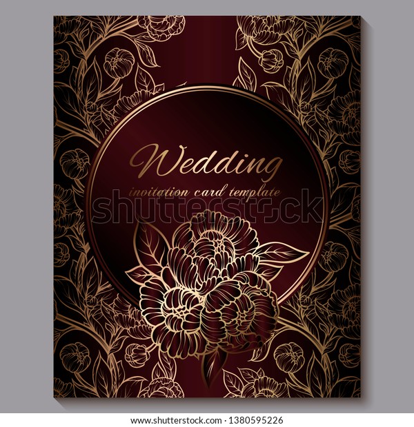 Exquisite red royal luxury\
wedding invitation, gold floral background with frame and place for\
text, lacy foliage made of roses or peonies with golden shiny\
gradient