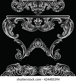 Exquisite Rich Rococo Table. French Luxury rich carved ornaments furniture. Vector Victorian Imperial Style furniture. White furniture on black background