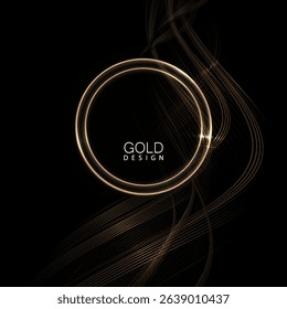 An exquisite round frame with wavy ribbons in gold tones, isolated elements on a black background