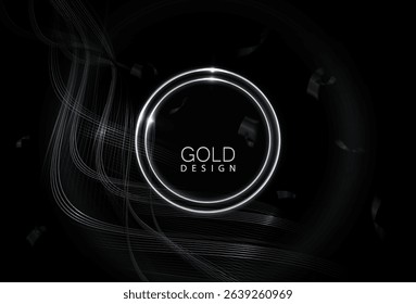 An exquisite round frame with wavy ribbons in silver tones on a black background