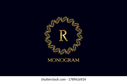 Exquisite round monogram with the letter R. Spectacular calligraphic logo design business sign, restaurant, royalty, boutique, cafe, hotel.