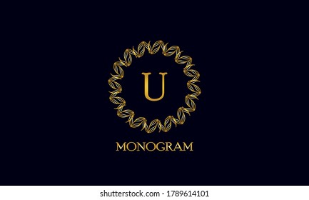 Exquisite round monogram with the letter U. Spectacular calligraphic logo design business sign, restaurant, royalty, boutique, cafe, hotel.