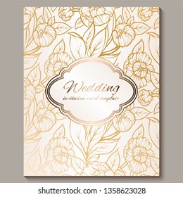 Exquisite royal luxury wedding invitation, gold on white background with frame and place for text, lacy foliage made of roses or peonies with golden shiny gradient