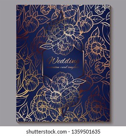Exquisite royal luxury wedding invitation, gold on blue background with frame and place for text, lacy foliage made of roses or peonies with golden shiny gradient