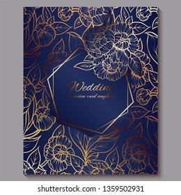 Exquisite royal luxury wedding invitation, gold on blue background with frame and place for text, lacy foliage made of roses or peonies with golden shiny gradient