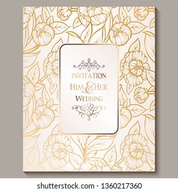 Exquisite royal luxury wedding invitation, gold on white background with frame and place for text, lacy foliage made of roses or peonies with golden shiny gradient