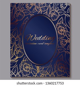 Exquisite royal luxury wedding invitation, gold on blue background with frame and place for text, lacy foliage made of roses or peonies with golden shiny gradient
