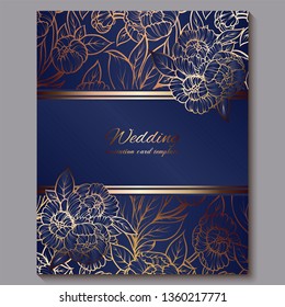 Exquisite royal luxury wedding invitation, gold on blue background with frame and place for text, lacy foliage made of roses or peonies with golden shiny gradient