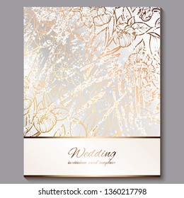 Exquisite royal luxury wedding invitation, gold on white background with frame and place for text, lacy foliage made of roses or peonies with golden shiny gradient