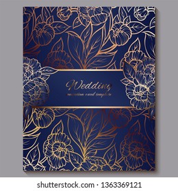 Exquisite royal luxury wedding invitation, gold on blue background with frame and place for text, lacy foliage made of roses or peonies with golden shiny gradient
