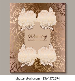 Exquisite royal luxury wedding invitation, gold floral background with frame and place for text, lacy foliage made of roses or peonies with golden shiny gradient