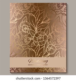 Exquisite royal luxury wedding invitation, gold floral background with frame and place for text, lacy foliage made of roses or peonies with golden shiny gradient