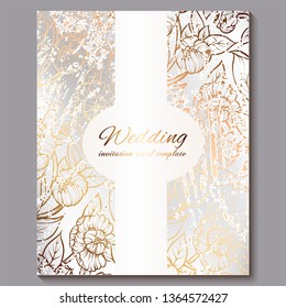 Exquisite royal luxury wedding invitation, gold on white background with frame and place for text, lacy foliage made of roses or peonies with golden shiny gradient