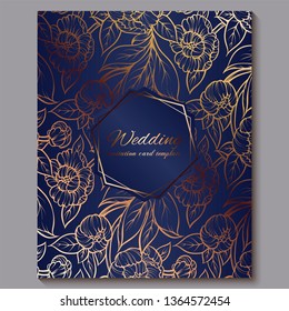 Exquisite royal luxury wedding invitation, gold on blue background with frame and place for text, lacy foliage made of roses or peonies with golden shiny gradient
