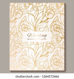 Exquisite royal luxury wedding invitation, gold on white background with frame and place for text, lacy foliage made of roses or peonies with golden shiny gradient