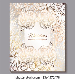 Exquisite royal luxury wedding invitation, gold on white background with frame and place for text, lacy foliage made of roses or peonies with golden shiny gradient