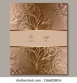 Exquisite royal luxury wedding invitation, gold floral background with frame and place for text, lacy foliage made of roses or peonies with golden shiny gradient