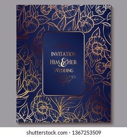 Exquisite royal luxury wedding invitation, gold on blue background with frame and place for text, lacy foliage made of roses or peonies with golden shiny gradient