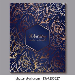 Exquisite royal luxury wedding invitation, gold on blue background with frame and place for text, lacy foliage made of roses or peonies with golden shiny gradient