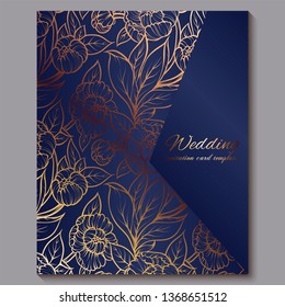 Exquisite royal luxury wedding invitation, gold on blue background with frame and place for text, lacy foliage made of roses or peonies with golden shiny gradient