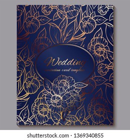 Exquisite royal luxury wedding invitation, gold on blue background with frame and place for text, lacy foliage made of roses or peonies with golden shiny gradient