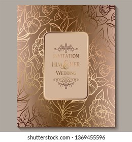 Exquisite royal luxury wedding invitation, gold floral background with frame and place for text, lacy foliage made of roses or peonies with golden shiny gradient